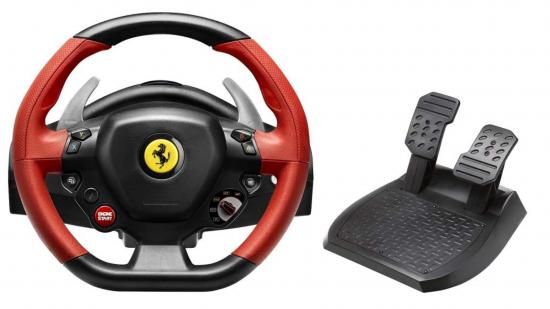 The Thrustmaster Ferrari Xbox One wheel and foot pedals side by side on a white background.