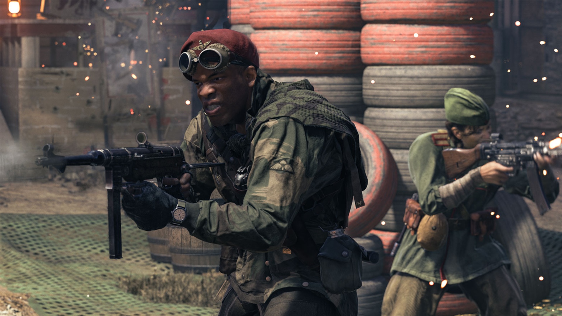 Vanguard preload time: A soldier yells as he fires his submachine gun, with another soldier covering him from behind