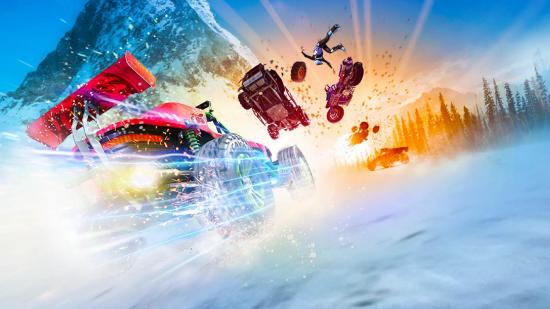 Multiple cars can be seen racing alongside one another in the Onrush key art.