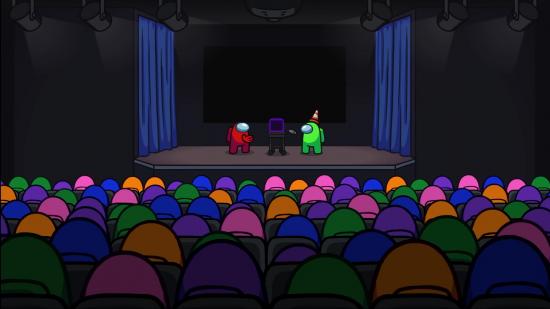 Among Us characters: a host of crewmates in an auditorium