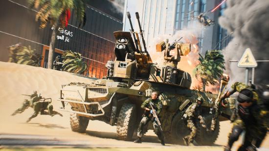 Battlefield 2042 review: Players take cover behind a tank