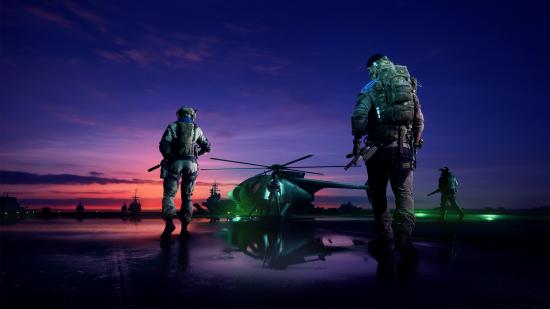 Best SVK Battlefield 2042 loadout: Two players walk towards a helicopter at twilight