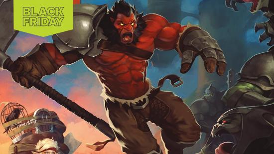 A muscular man with red skin leaps through the air holding an axe from the cover of Dota 2: The Comics Collection. There is a Black Friday flag to the top left of the image.