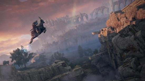 Elden Ring Horse: The player character can be seen jumping to a cliff on Torrent.
