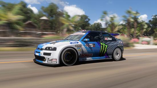 Forza Horizon 5 best rally cars: A hoonigan rally car speeds along a road