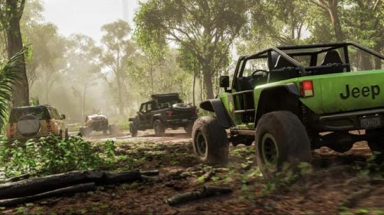 Forza Horizon 5 cross-platform: multiple cars can be seenr acing through a jungle.