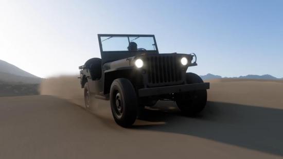 Forza Horizon 5 Willys Jeep exploit: an old Jeep drives across sand dunes