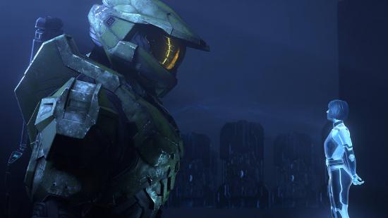 Halo Infinite Campaign Game Pass: Master Chief and Cortana can be seen standing and looking at each other.