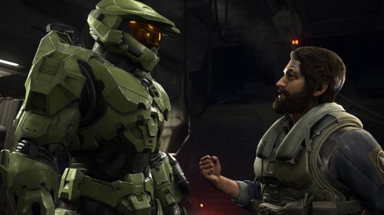 Masterchief and the pilot can be seen talking to one another in a ship.