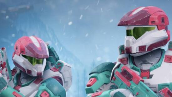 Halo Infinite Winter Contingency Start Time: Two Spartans in pastel pink and blue gear can be seen with snow behind them.