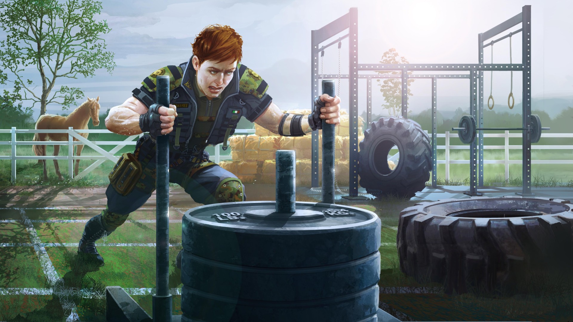 Rainbow Six Siege High Calibre: Thorn gets a workout in, pushing a load of weights across the ground