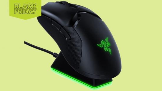 A Razer Viper Ultimate gaming mouse on a coloured background.