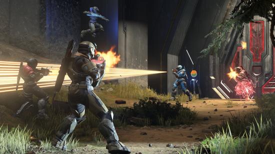 Valorant to Halo Infinite sens: Three spartans fire at one another in Halo Infinite