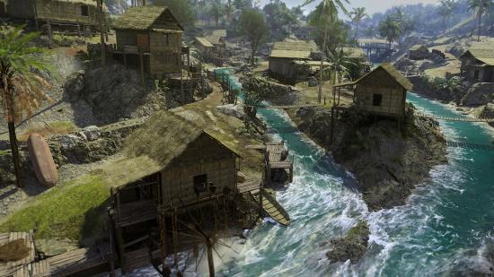 Warzone Pacific map POIs: A shot of a riverside village in the new Warzone map Caldera