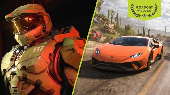 A split image of Halo Infinite's Master Chief in his famous green armour and an orange Lamborghini supercar racing in Forza Horizon 5