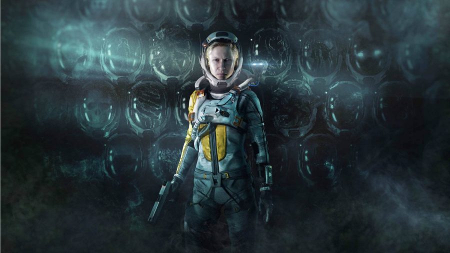 Returnal: Selene can be seen holding her pistol with a number of broken helmet's behind her in the game's official art.