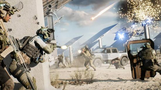 Multiple squads of soldiers can be seen fighting in an open map.