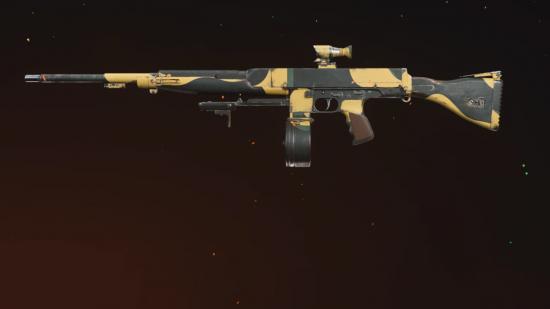 Cooper Carbine Warzone Loadout: een aanvalsgeweer, geschilderd in gele en zwarte camo, ingesteld tegen een zwarte achtergrond