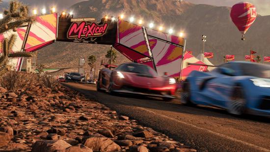 Forza Horizon 5 Clean Racing Skills: multiple cars can be seen racing through a festival location.