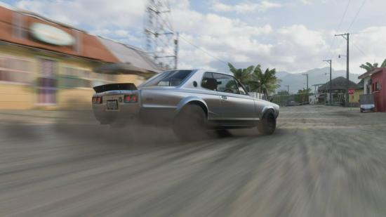 Forza Horizon 5 Rite of Passage: The Nissan Skyline 2000GT-R can be seen driving through a coastal Mexican town.