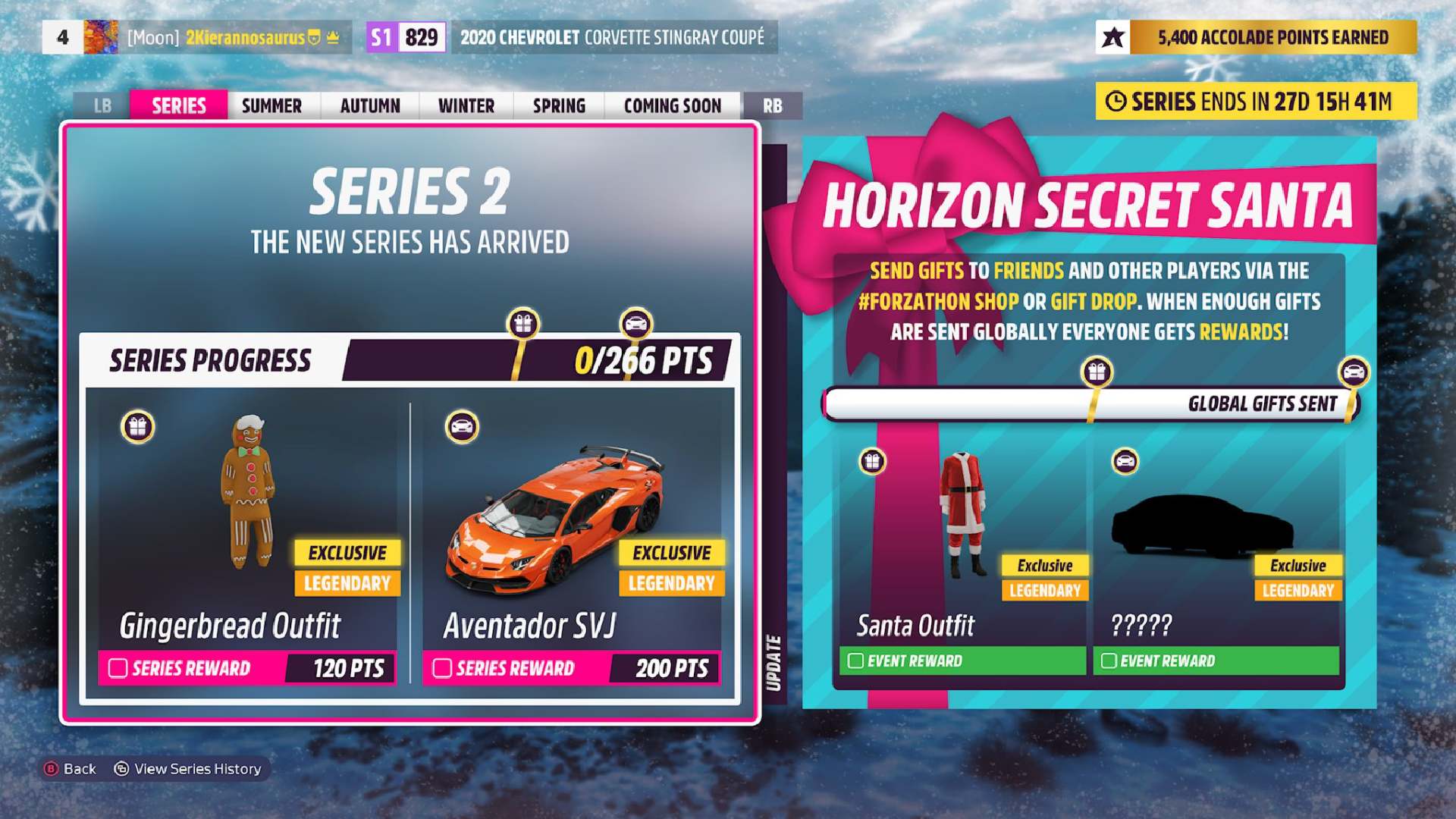 Forza Horizon 5 Secret Santa: The Secret Santa event screen is shown in the menu.