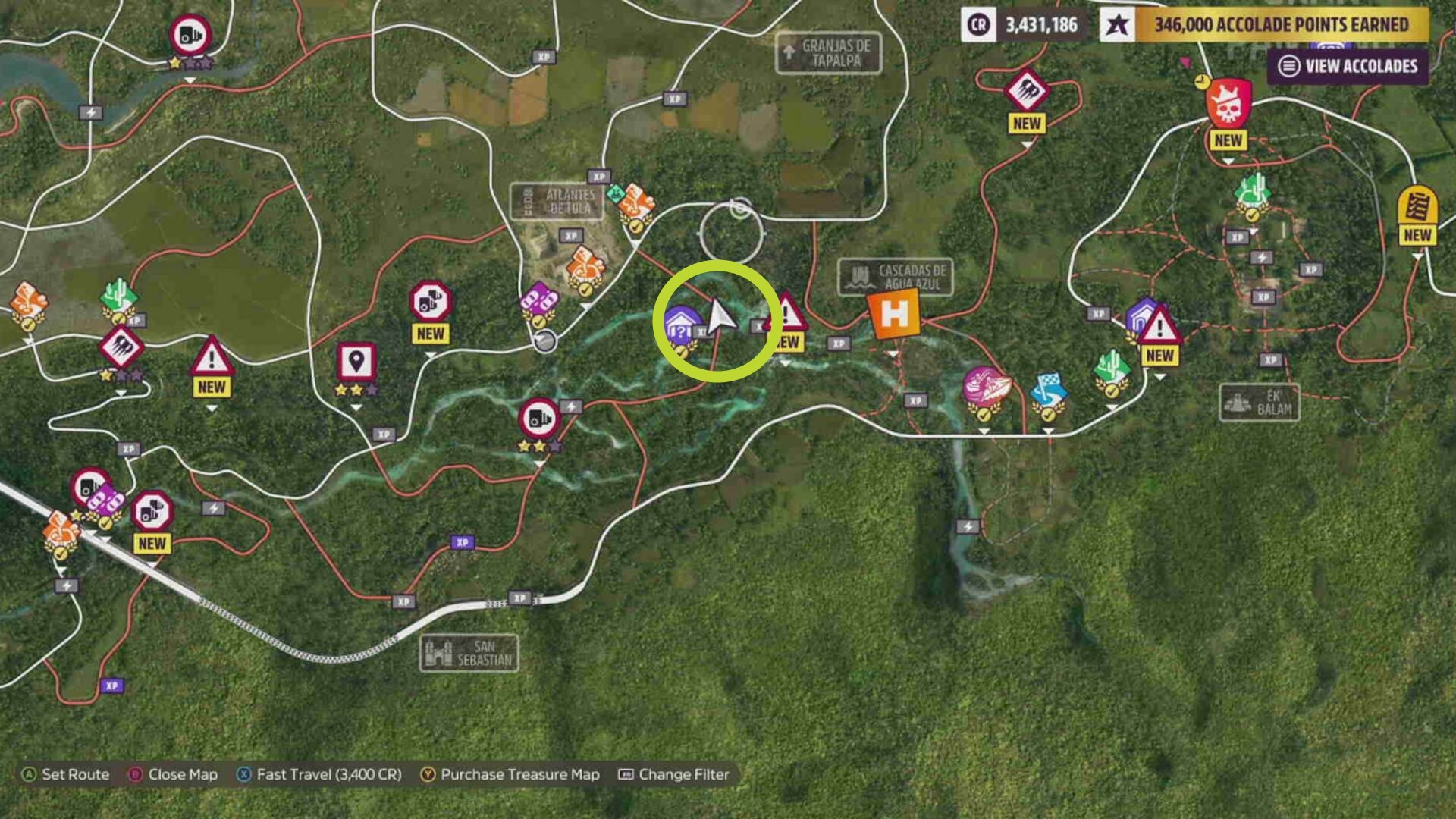 Forza Horizon 5 Waterfall Location: The map showing the location of the large waterfall.