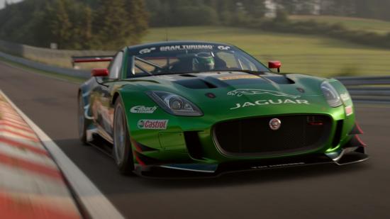 A green Jaguar racing car on a race track in Gran Turismo 7