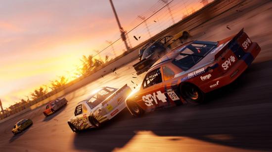 GRID Legends Preview: multiple cars can be seen scraping up against one another in a race.