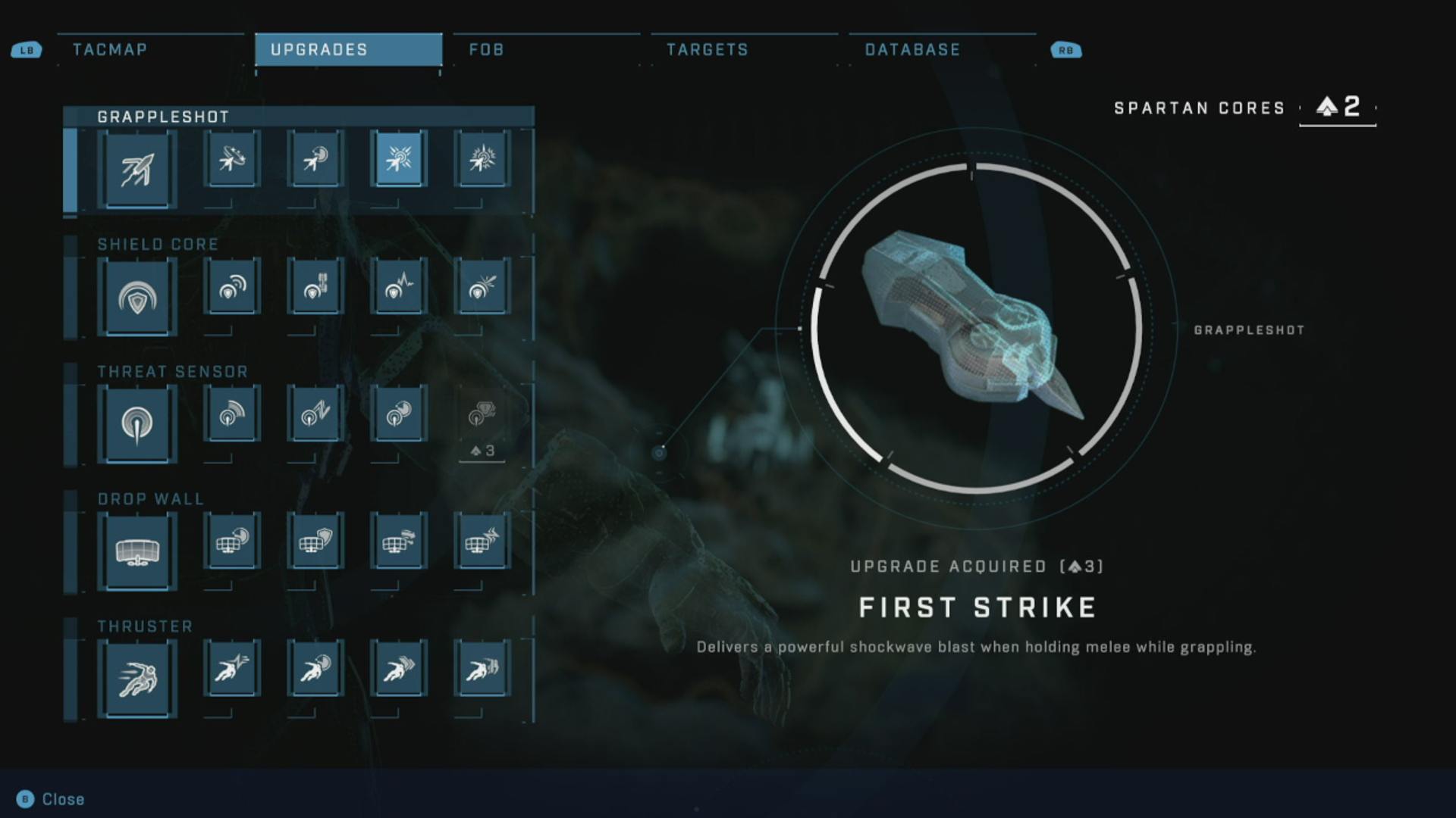 Halo Infinite Best Upgrades: The menu showing the First Strike upgrade.