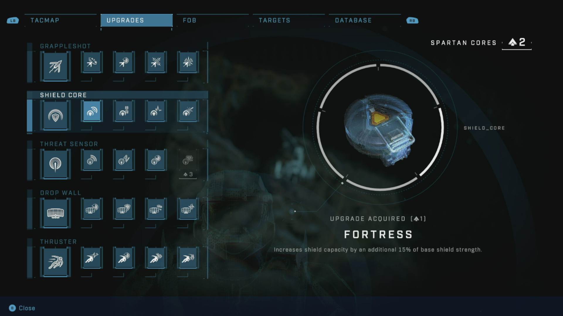 Halo Infinite Best Upgrades: The menu showing the Fortress upgrade.