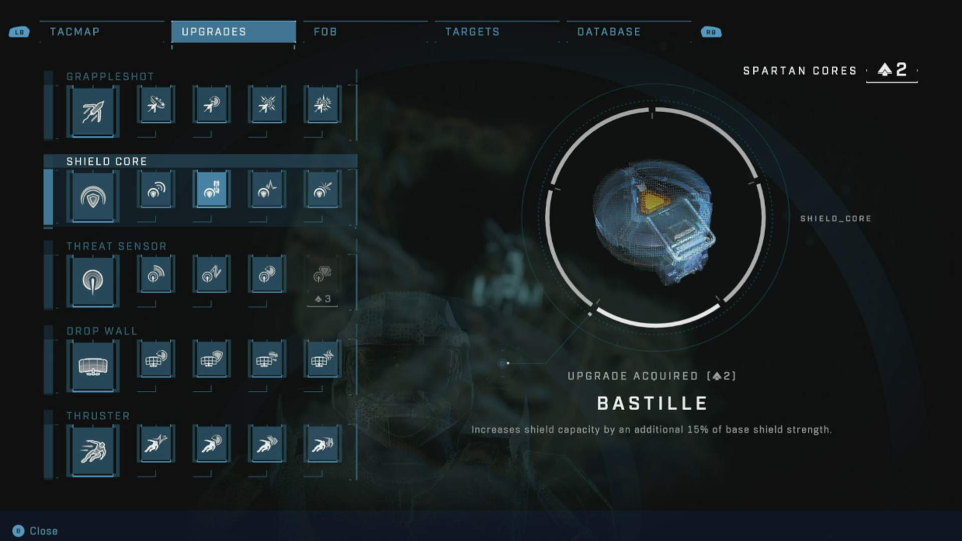 Halo Infinite Best Upgrades: The menu showing the Bastille upgrade.