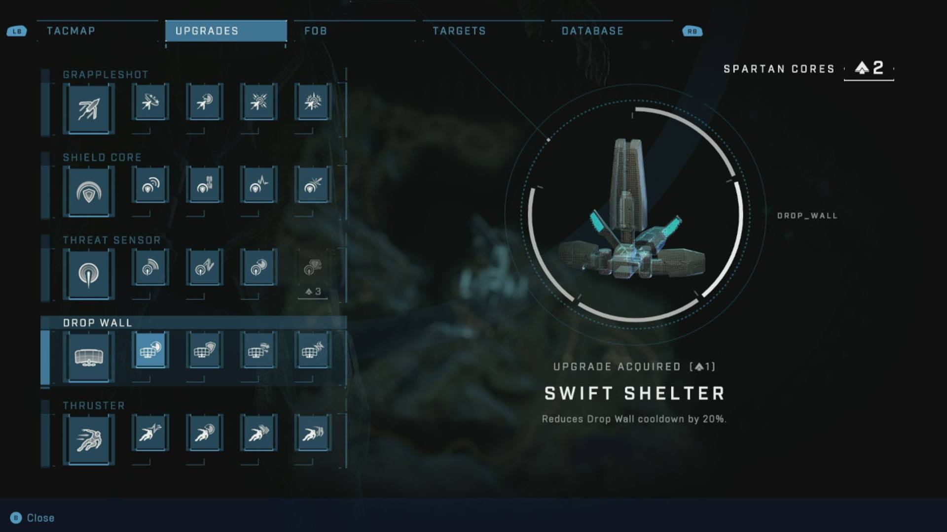 Halo Infinite Best Upgrades: The menu showing the Swift Shelter upgrade.