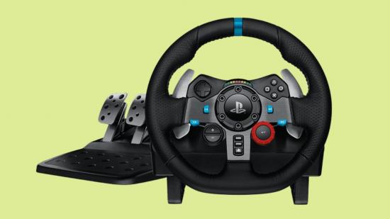 A Logitech G29 racing wheel and pedal set for the PS5, set against a light green background