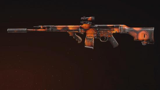STG44 Warzone loadout: a long-barrelled assault rifle painted in orange and black camo set against a black background