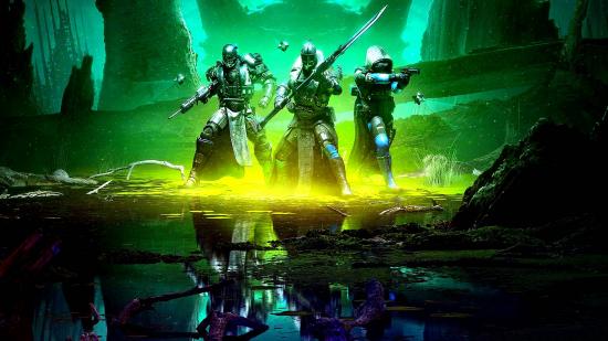 Destiny 2 Witch Queen Exotics: Three Guardians prepare for battle in a swamp-like area