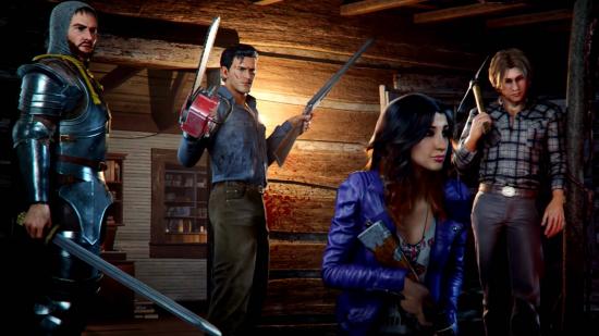 Evil Dead The Game Game Pass: Ash Williams and his team gear up for combat outside a log cabin