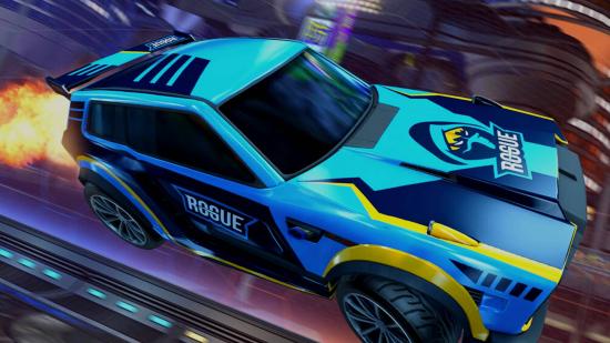 Rocket League Esports Decals: Rogue Home Kit Decal on flying Rocket League car