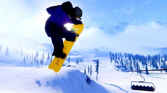 Shredders Crossplay: A Snowboarder performing a nose grab off of a ramp