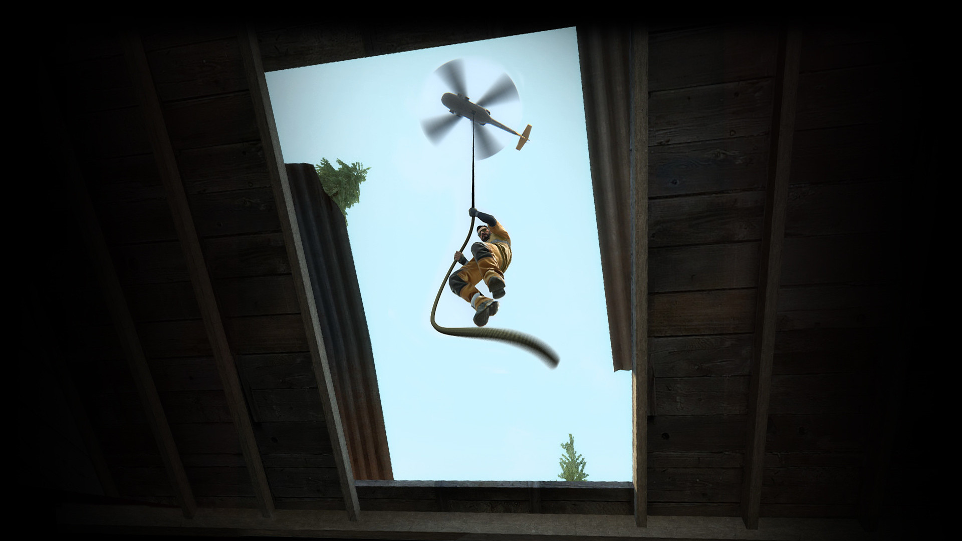 Beste Battle Royale Games: A Man In a Orange Jumpsuit daalt een touw af van een helikopter in CS: Gos Danger Zone