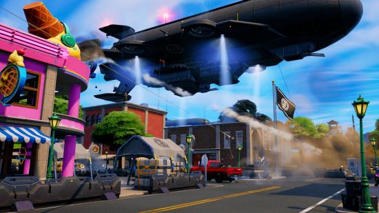 Best Fortnite weapons: An image of an IO Blimp over a Fortnite POI in Chapter 3 Season 2