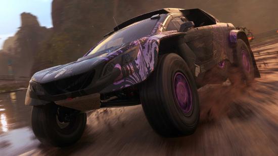 Dirt 5 split-screen: a purple-coloured off-road vehicle