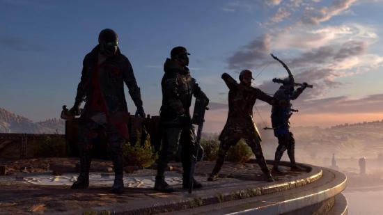 Dying Light 2 crossplay: Four players can be seen readying their weapons on a rooftop.