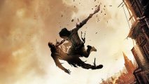Dying Light 2 walkthrough: Aiden can be seen using a zombie to break his fall after jumping off of a tower.
