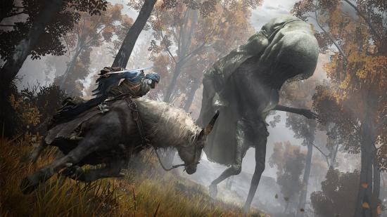 Elden Ring Credits Leaked: The player can be seen riding on their horse in a forest, with a large cloaked enemy to the side of them.