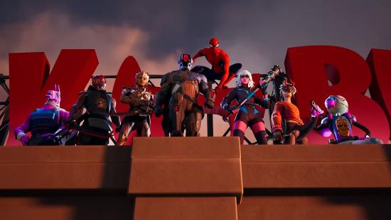 The Fortnite Chapter 3 Season 1 lineup of skins standing on the roof of the Daily Bugle building