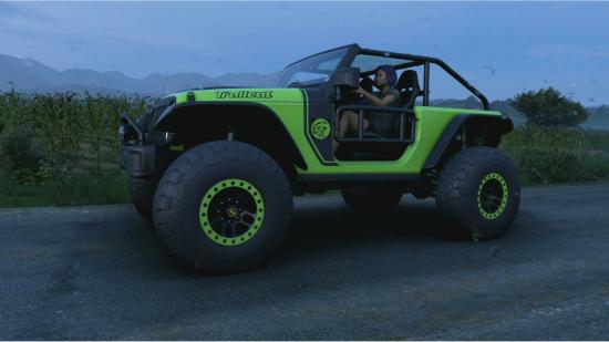 Forza Horizon 5 Series 4 start time: The Jeep Trailcat 2016 can be seen driving on a road next to some farmland.