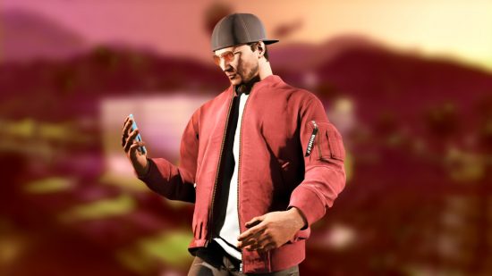 How to make money in GTA Online: character holding a phone in GTA Online poster