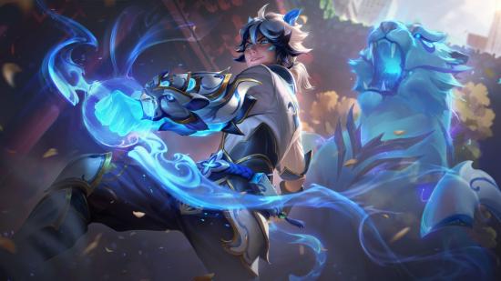 League of Legends splash art of the Porcelain Ezreal skin. Ezreal is wearing a white, blue, and gold outfit and a white tiger towers over him in the background