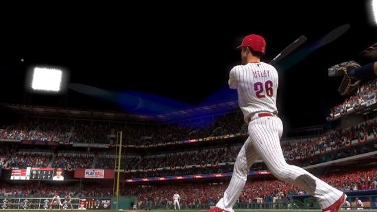 MLB The Show 22 Crossplay: A batter can be seen hitting a ball at night