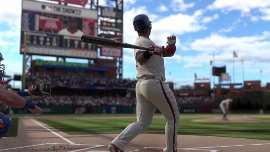 MLB The Show 22 Game Pass: A batter can be seen hitting a ball